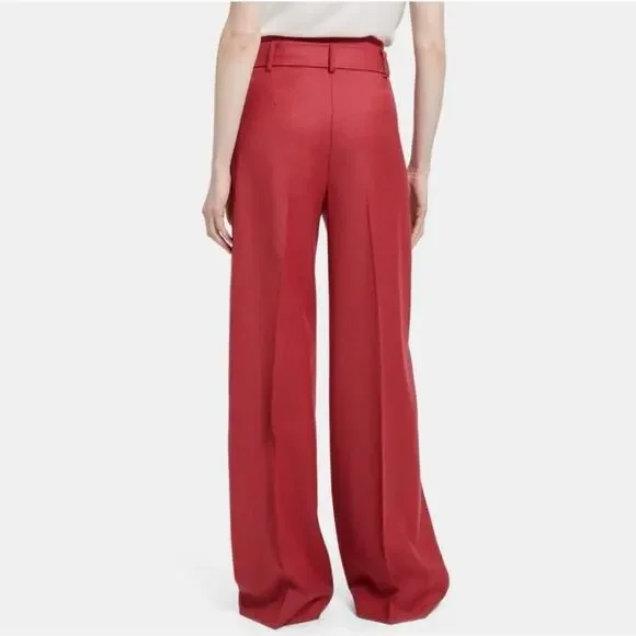 NWT Theory Red Pink Ruby Melange Sleek Flannel Wide Leg Belted Pants Size 0